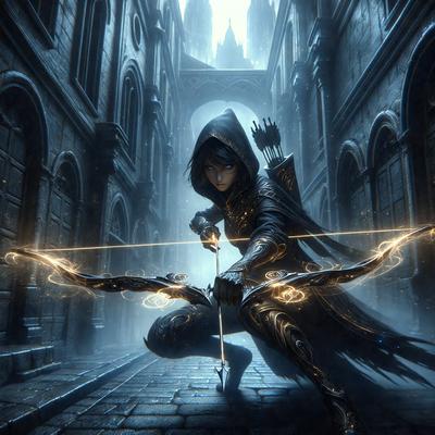 The primary subject of the image is a woman dressed in a hooded outfit, holding a bow and arrow. She is standing in a dark alley, surrounded by a moody atmosphere. The setting appears to be a digital art or illustration, with the woman as the main focus. The visual style is likely to be a combination of photo and digital art, creating a unique and intriguing scene. The colors in the image are predominantly dark, with the woman's outfit and the bow and arrow being the main
